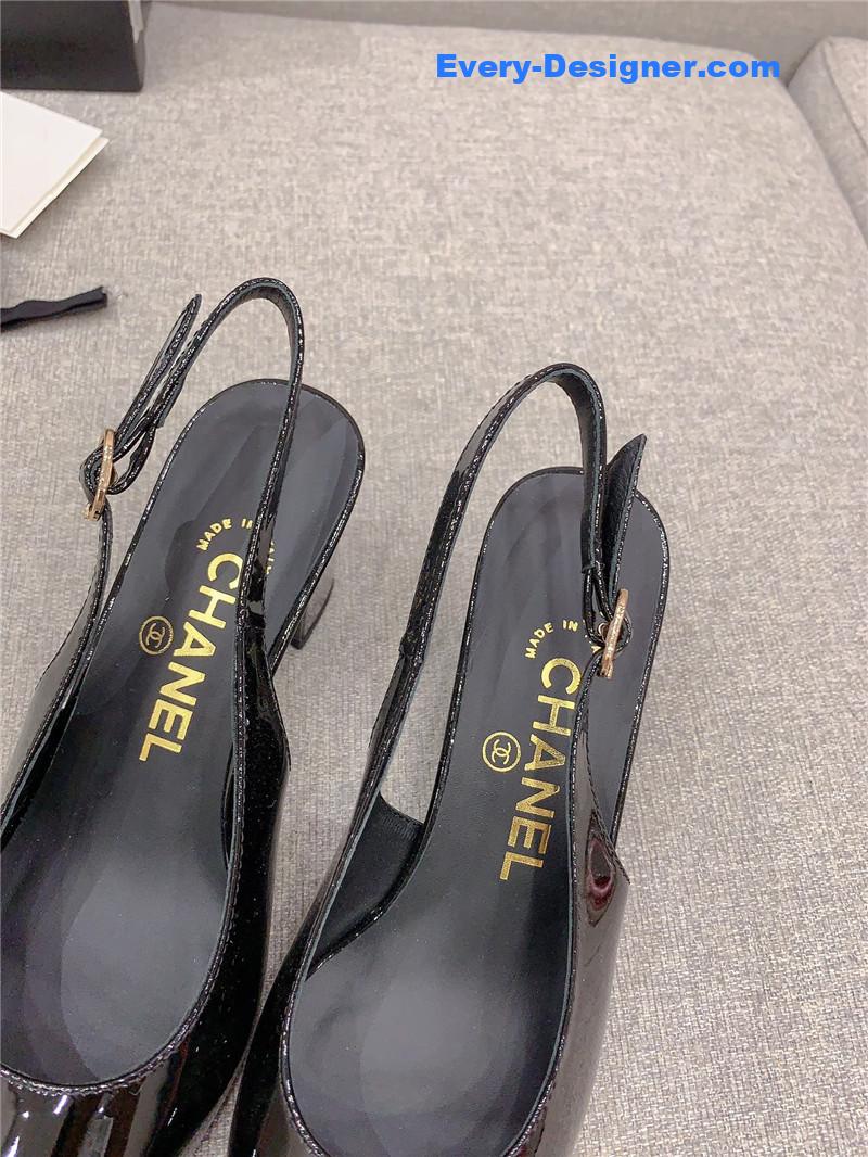 Ch**el classic sling back thick heel sandals