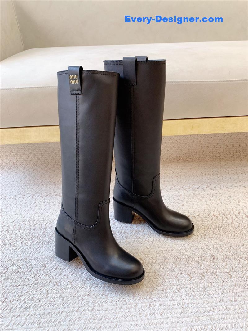 Miu Miu Logo-Tab Black Leather Knee-High Boots