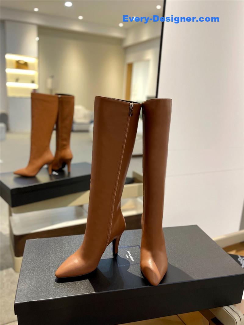 Sa1nt Lau*nt brown leather knee-high boots