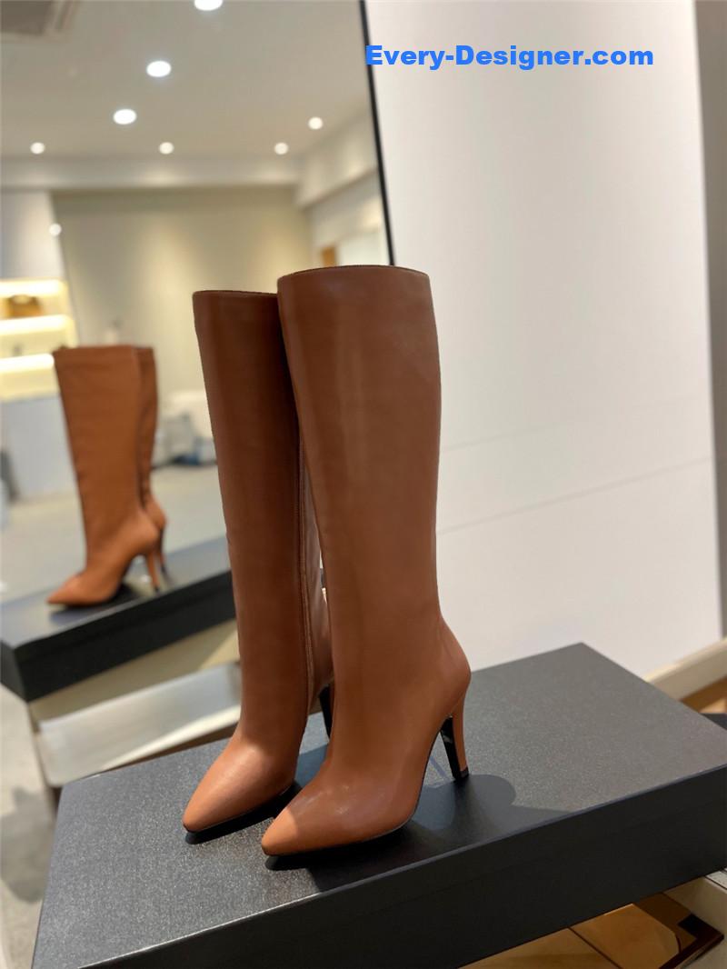 Sa1nt Lau*nt brown leather knee-high boots