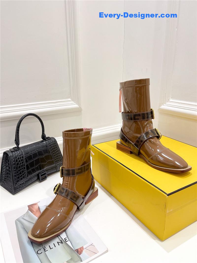 F**di brown patent leather biker boots