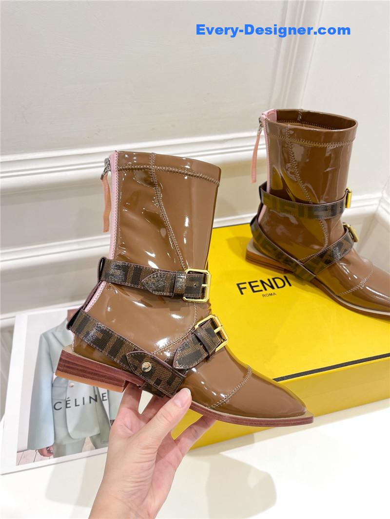 F**di brown patent leather biker boots