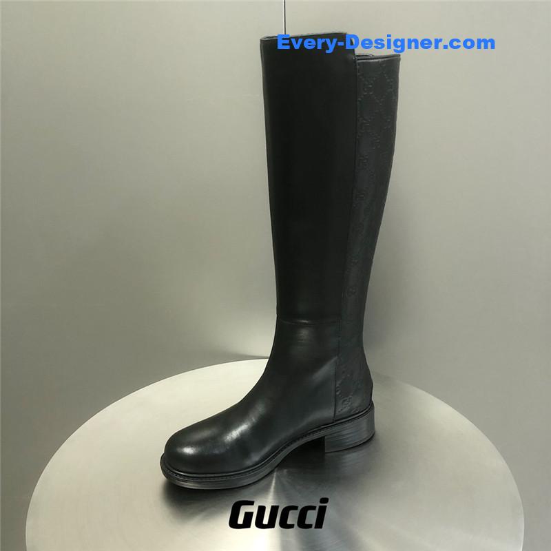 Gucci Black Guccissima Leather GG Tall Riding Boots