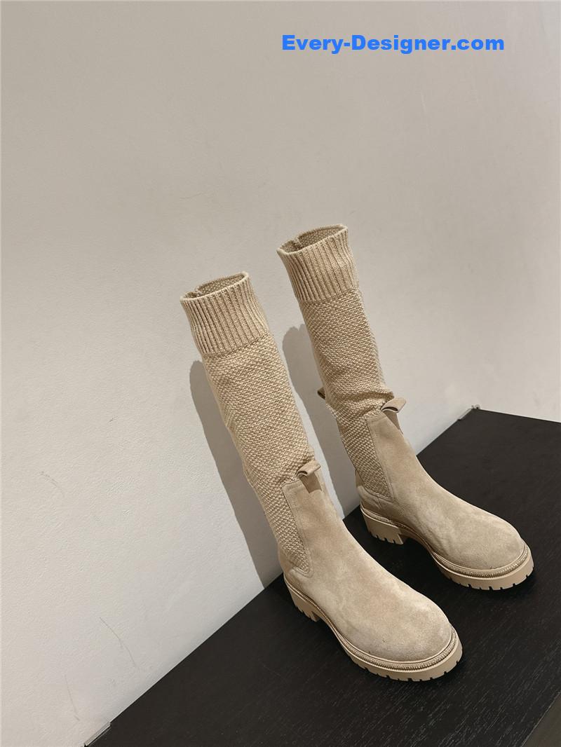 Rene Caovilla Knit Leather Knee-High Boots Women