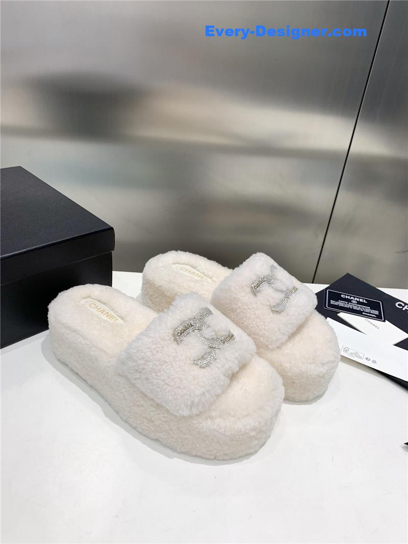 Ch**el double c rhinestone thick sole fur slippers