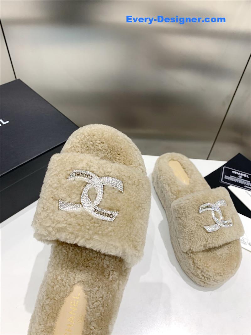 Ch**el double c rhinestone thick sole fur slippers