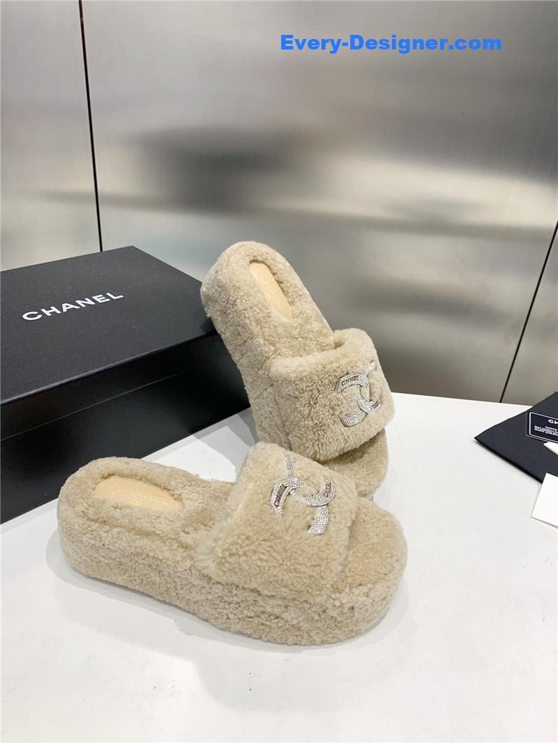 Ch**el double c rhinestone thick sole fur slippers