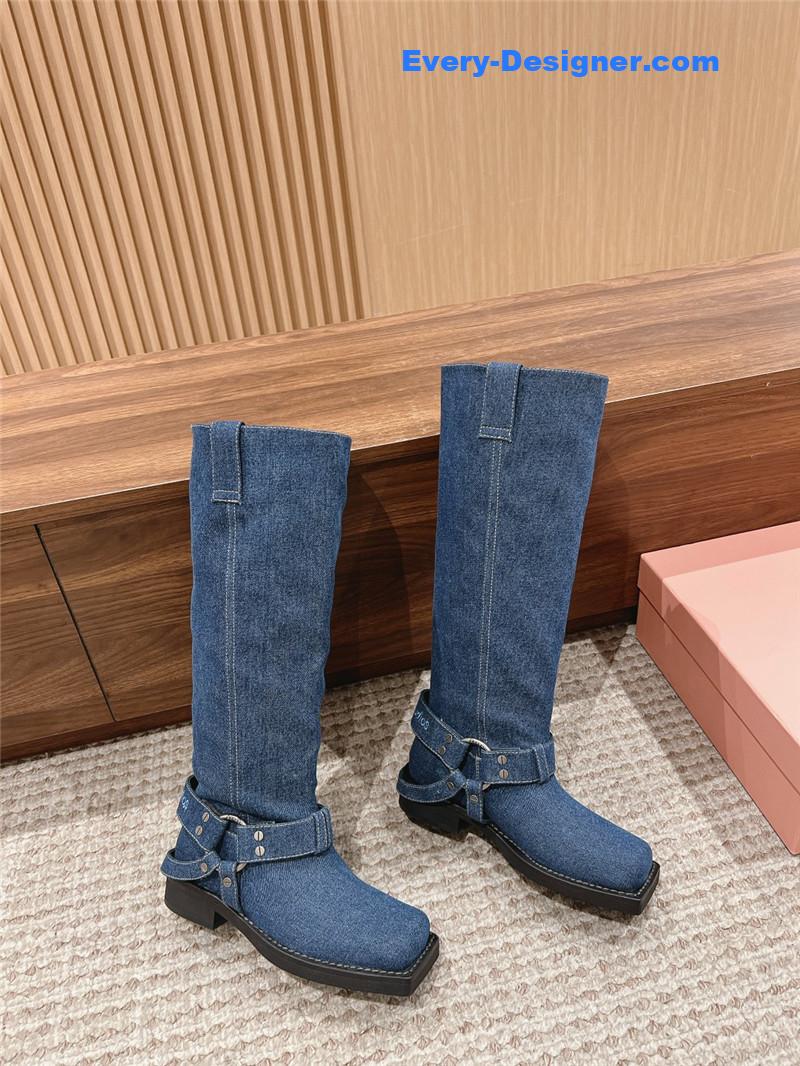 Acne Studios Blue Denim Buckle Tall Boots