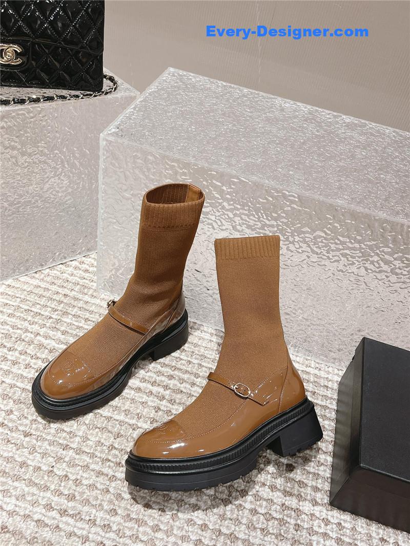 Ch**el front-strap two-tone brown ankle boots