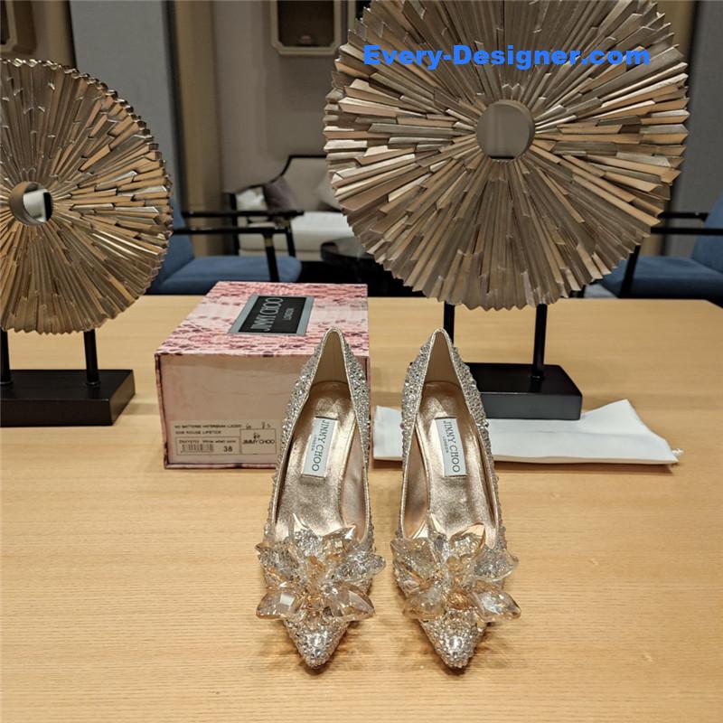 J1m*y Ch00 rose gold crystal covered pointy toe pumps
