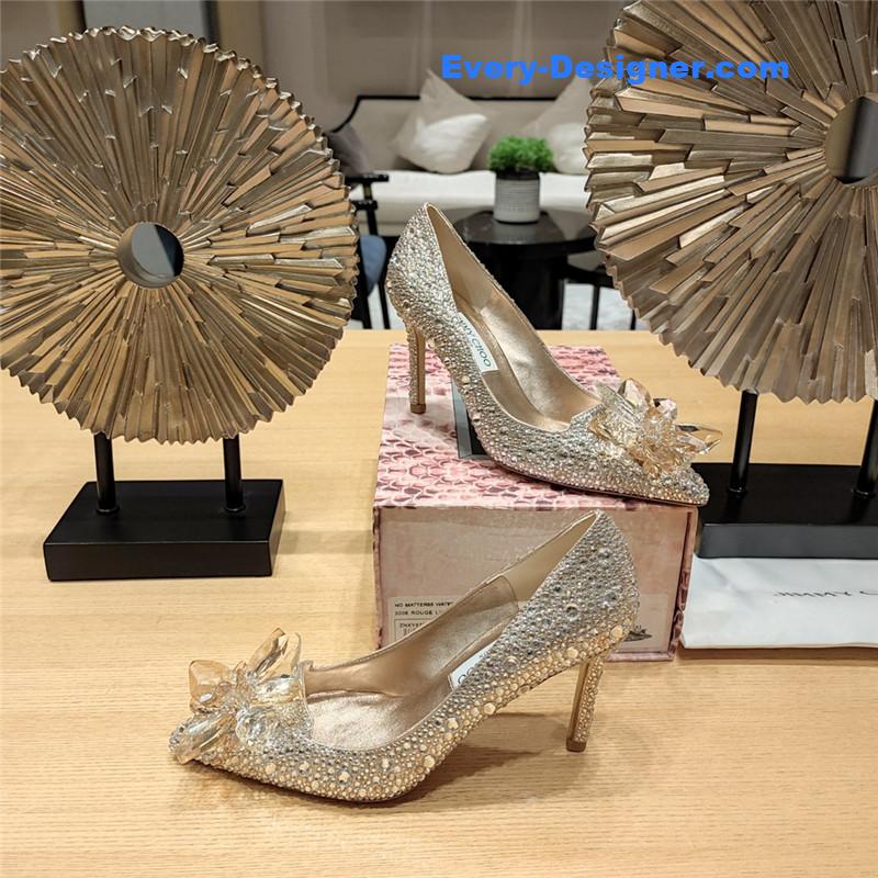 J1m*y Ch00 rose gold crystal covered pointy toe pumps