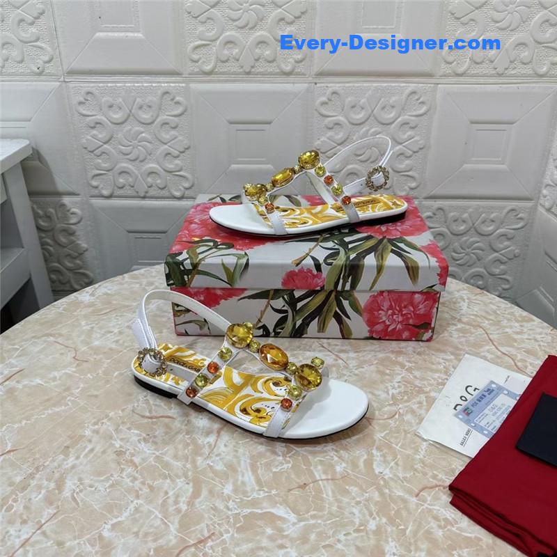 DG Stone Embellished White Pattern Sandals