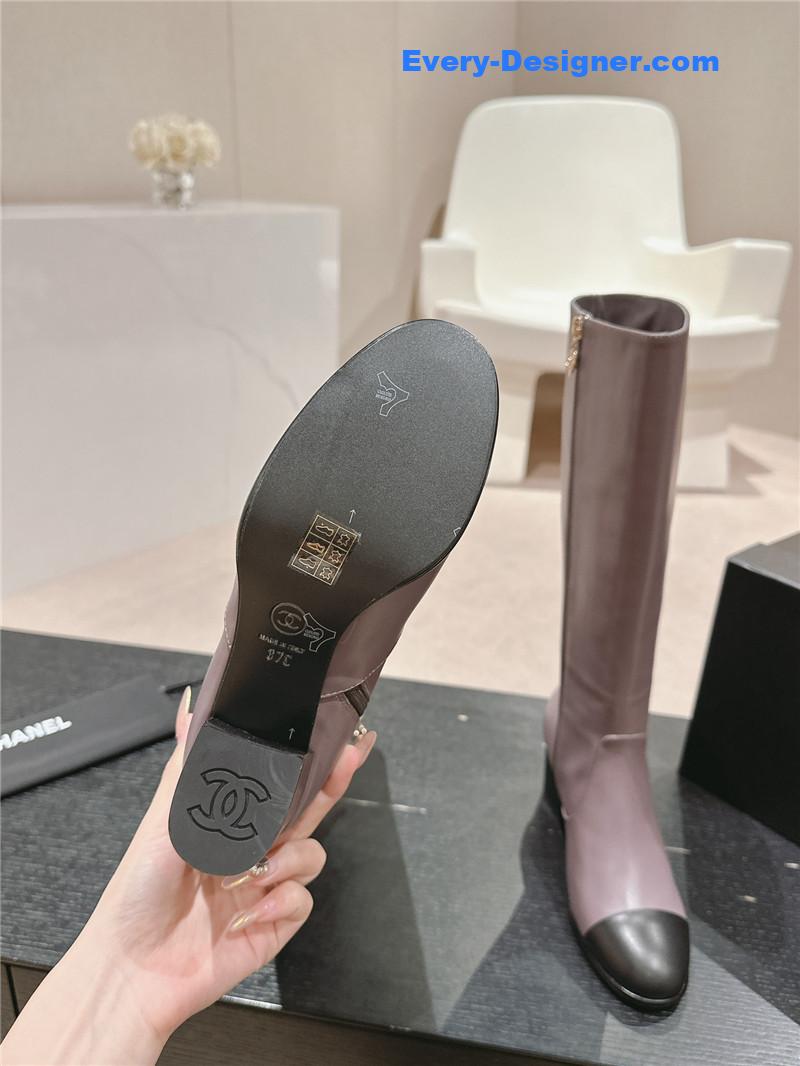 Ch**el purple calfskin knee-high boots for women