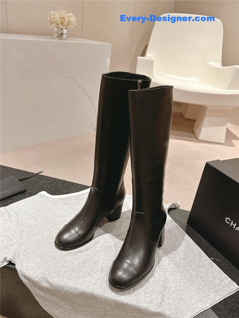 Ch**el black calfskin knee-high boots for women