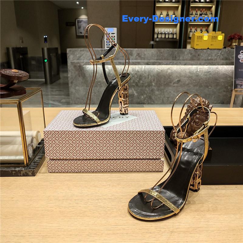 Givenchy G Cube Heeled Sandals Black and Gold Lambskin