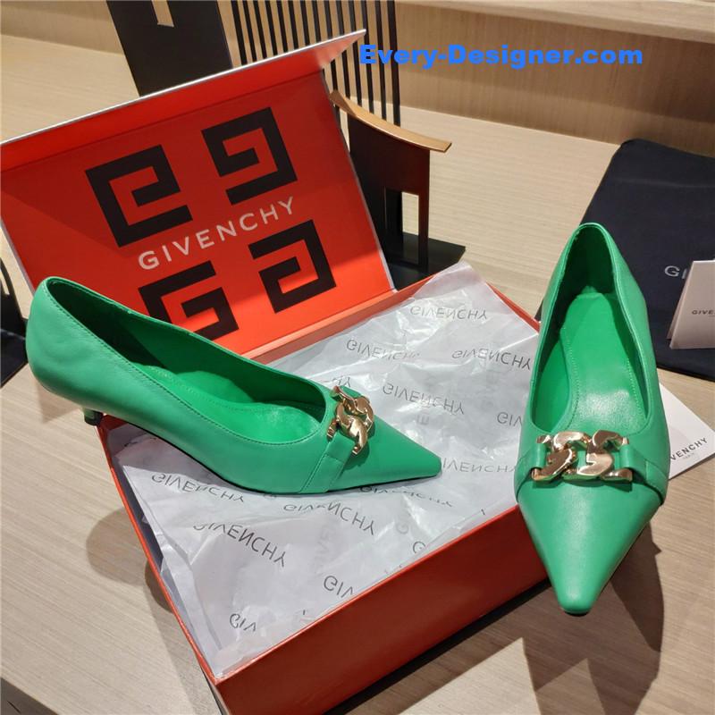 Givenchy Chain Pointed Low Heel Pumps Green Leather