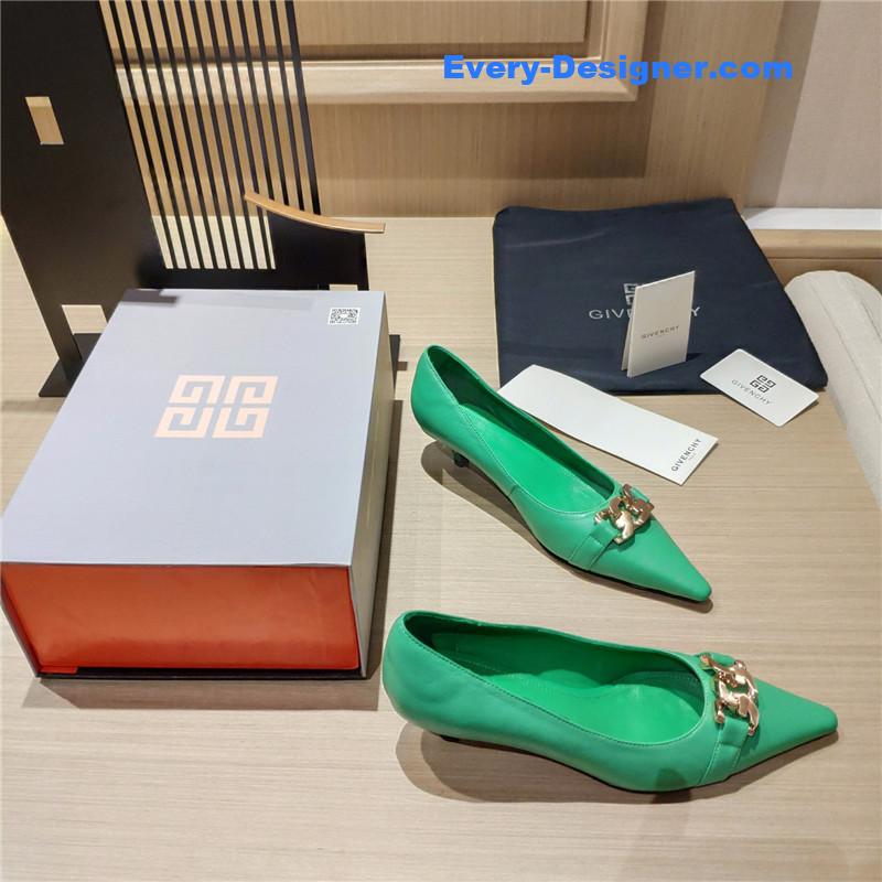 Givenchy Chain Pointed Low Heel Pumps Green Leather