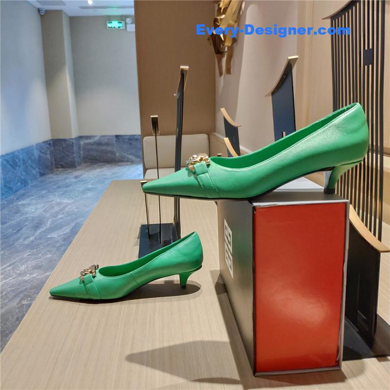 Givenchy Chain Pointed Low Heel Pumps Green Leather