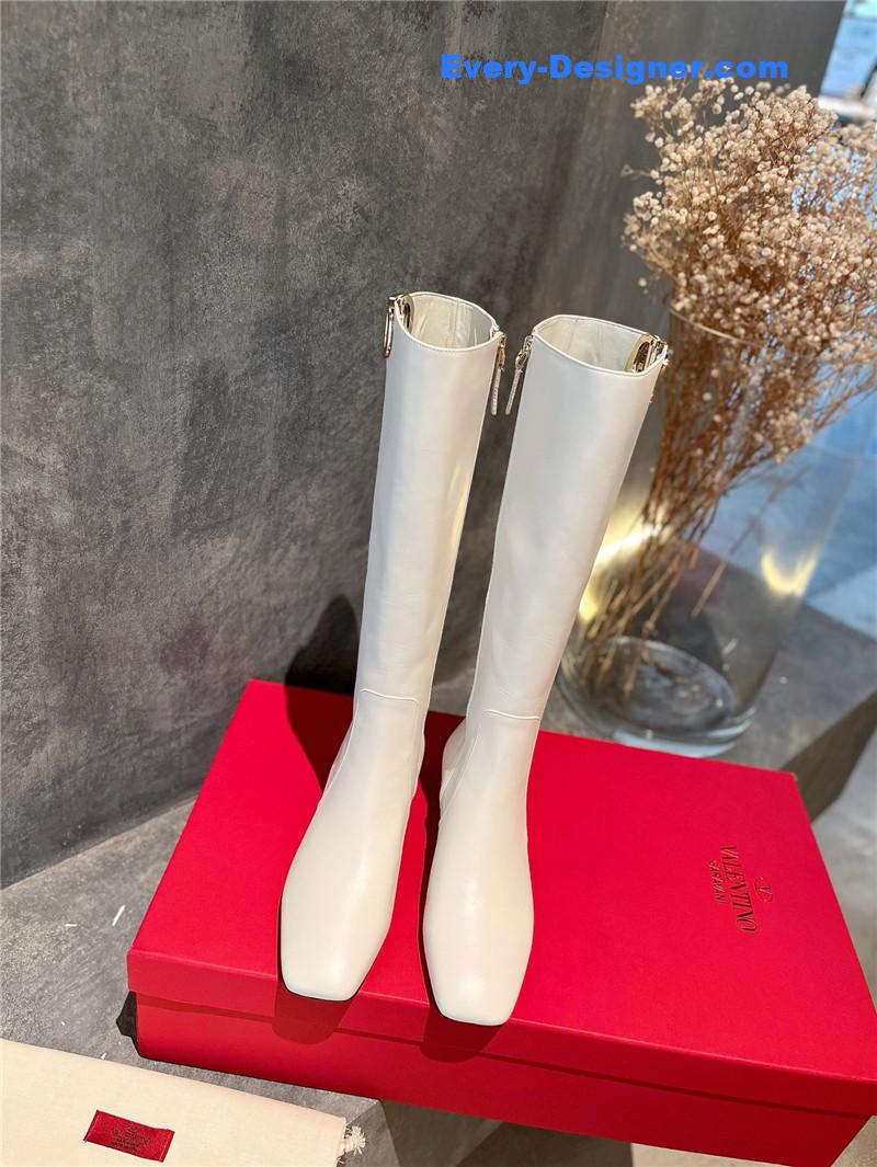 Va1e*ntin0 garavani vlogo white leather knee-high boots