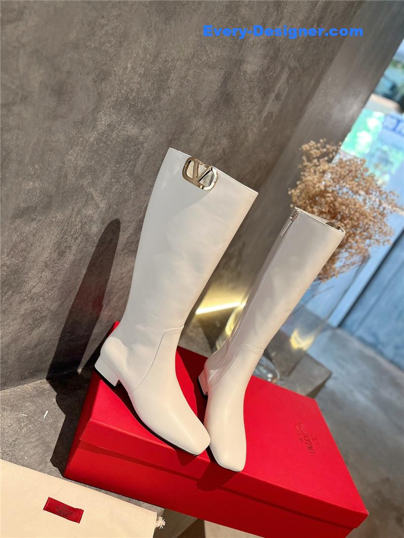Va1e*ntin0 garavani vlogo white leather knee-high boots