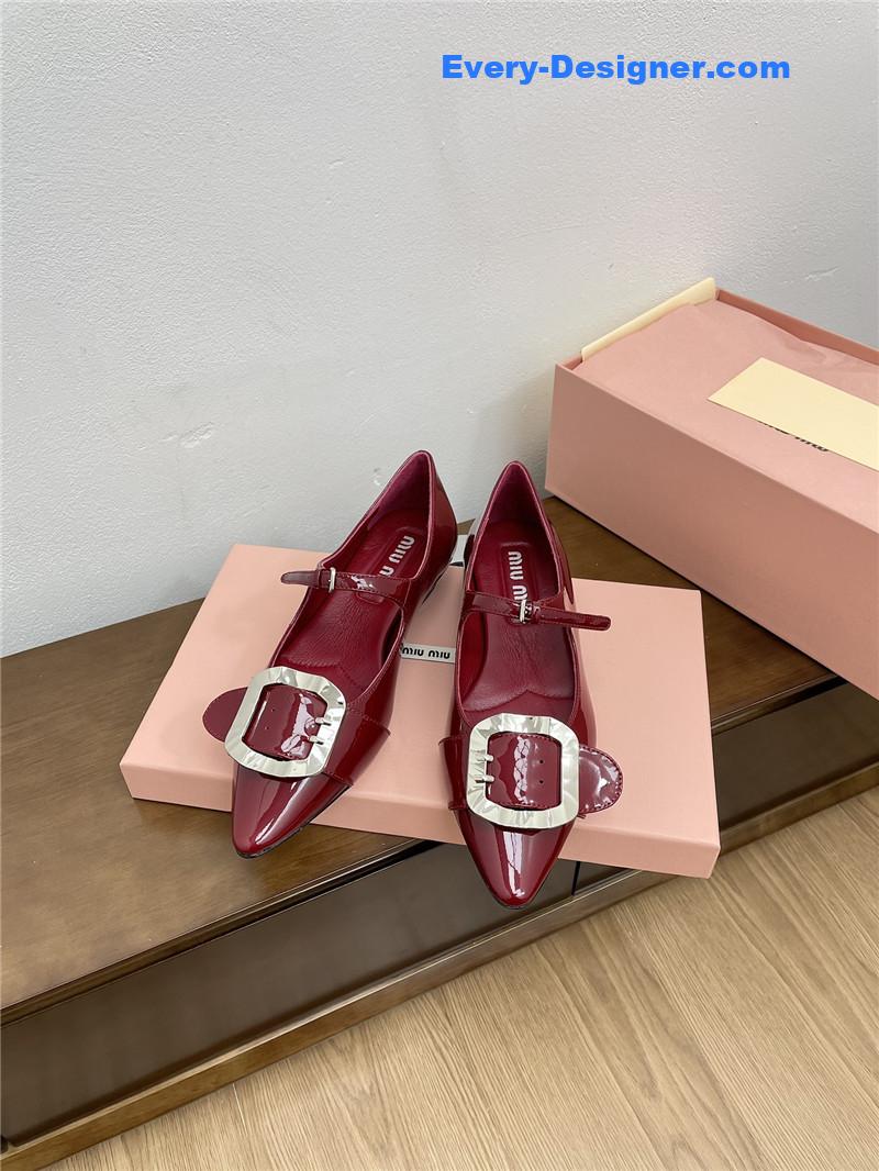 Miu Miu Burgundy Mary Jane Pointed Flats with Belt Buckle