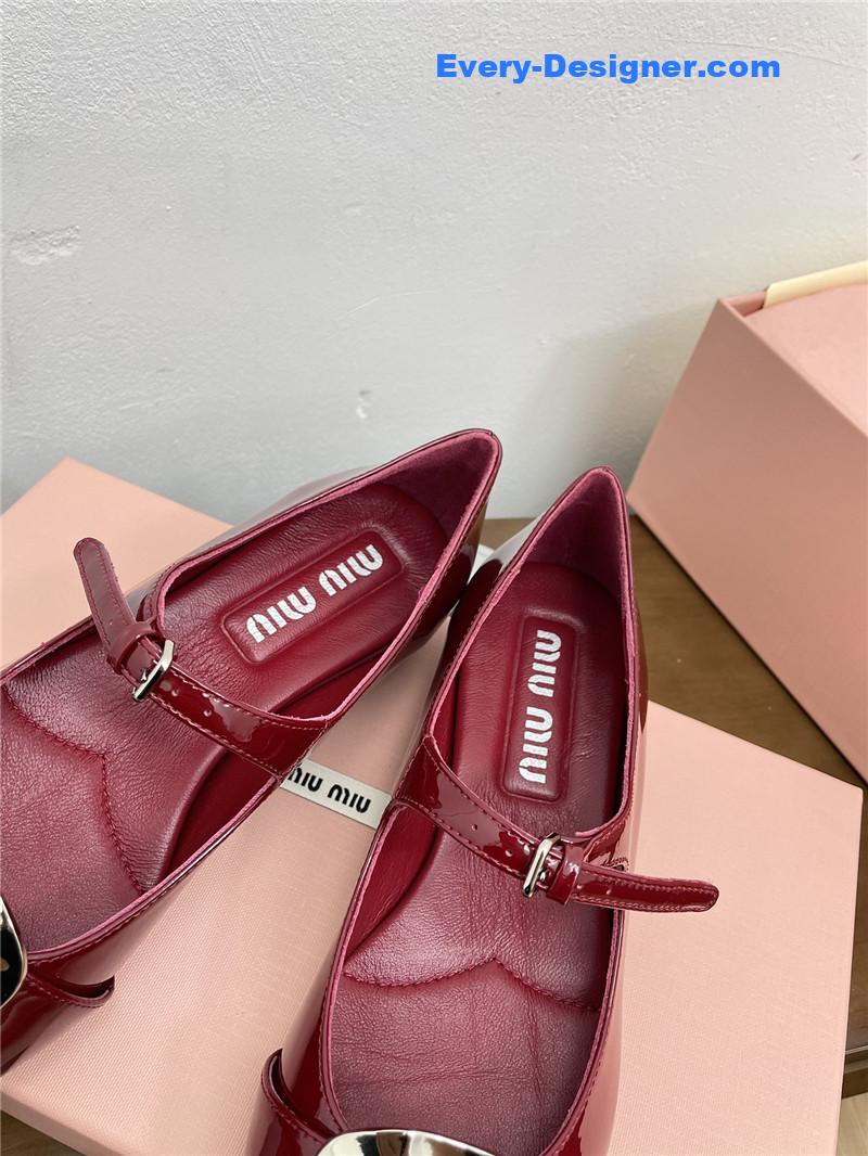 Miu Miu Burgundy Mary Jane Pointed Flats with Belt Buckle