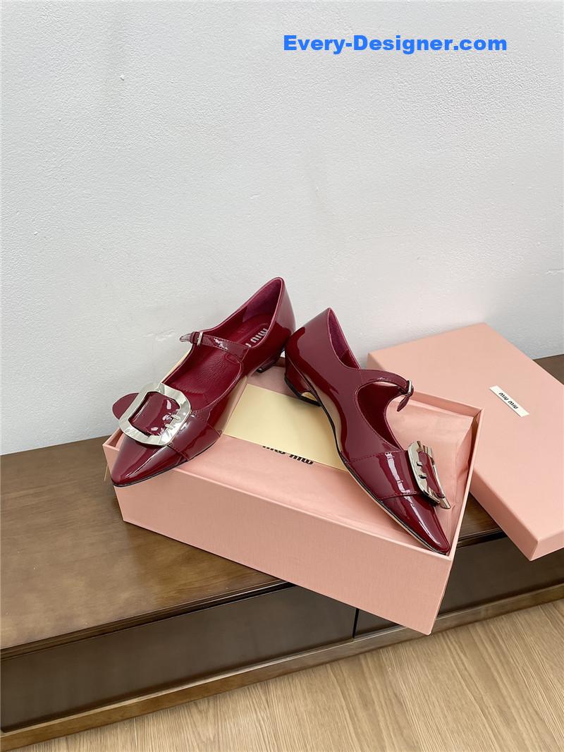 Miu Miu Burgundy Mary Jane Pointed Flats with Belt Buckle