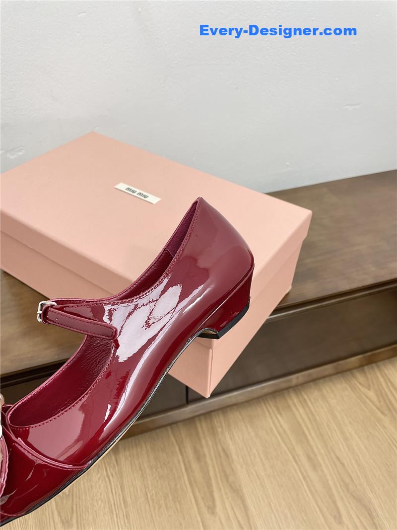 Miu Miu Burgundy Mary Jane Pointed Flats with Belt Buckle