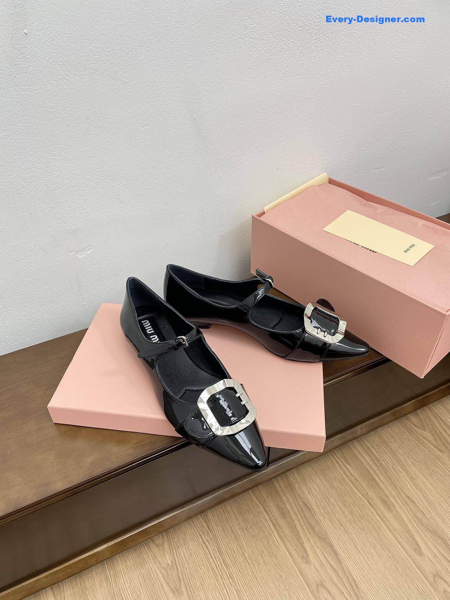 Miu Miu Black Mary Jane Pointed Flats with Belt Buckle