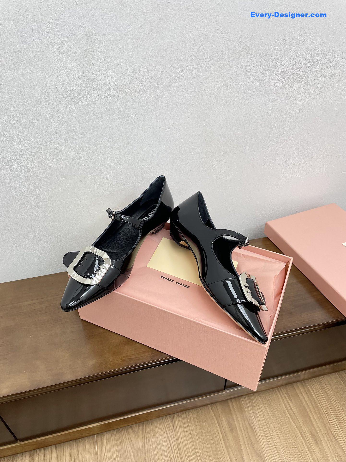 Miu Miu Black Mary Jane Pointed Flats with Belt Buckle