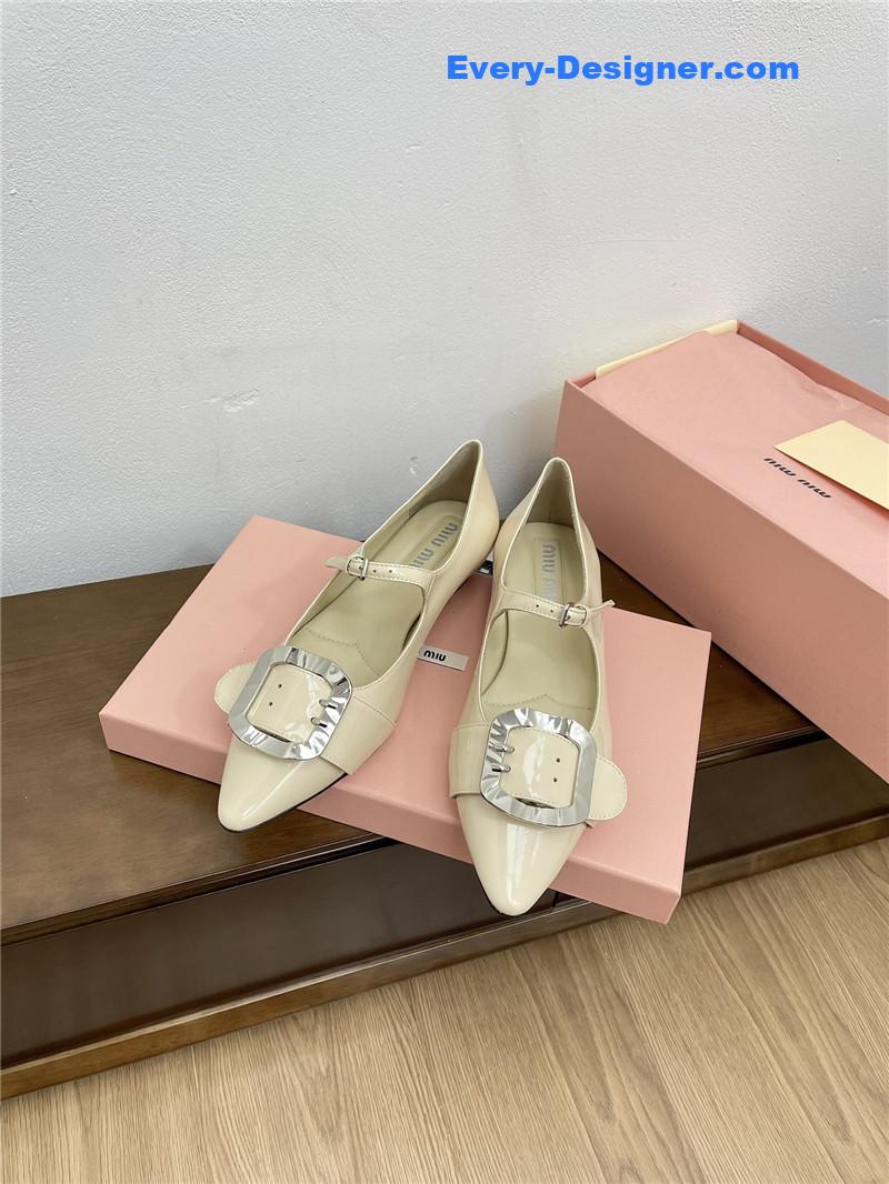 Miu Miu Ivory Mary Jane Pointed Flats with Belt Buckle