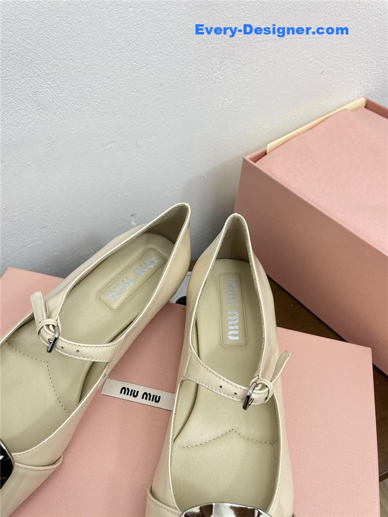 Miu Miu Ivory Mary Jane Pointed Flats with Belt Buckle
