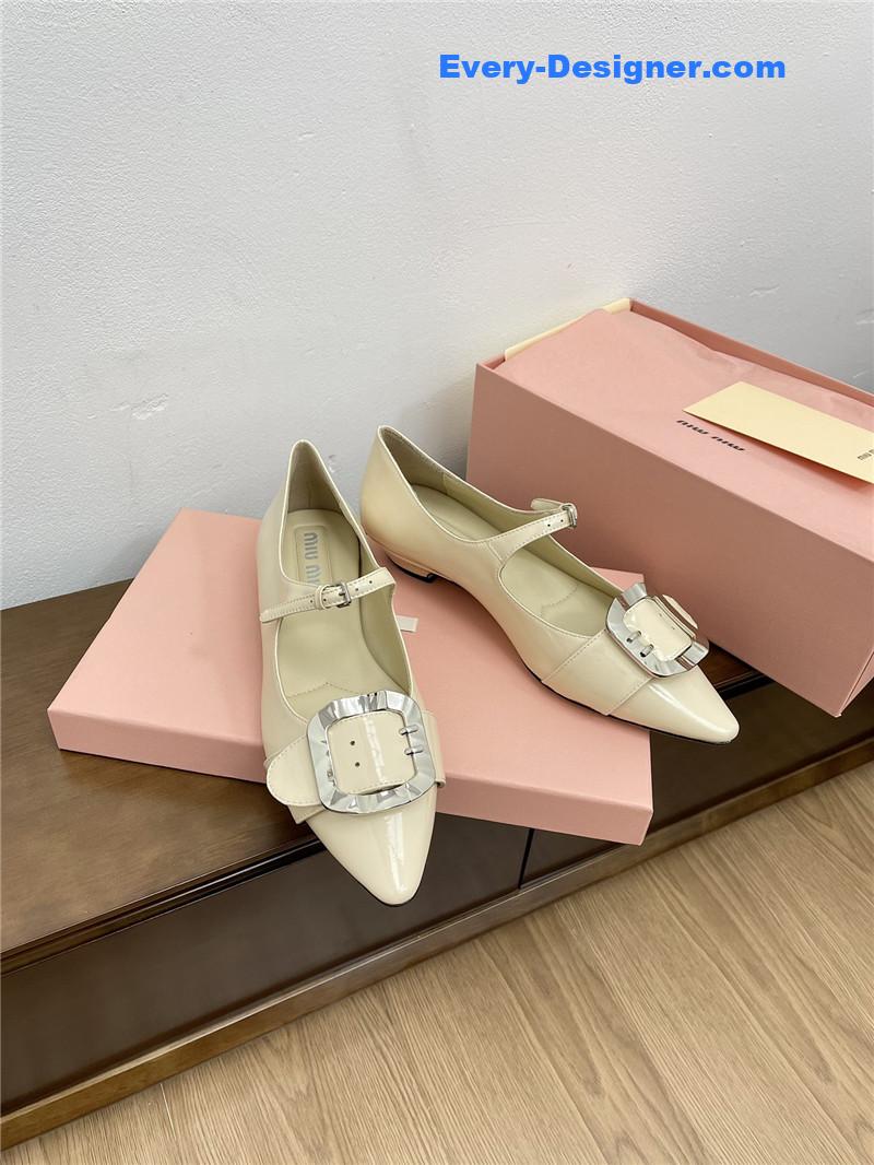 Miu Miu Ivory Mary Jane Pointed Flats with Belt Buckle