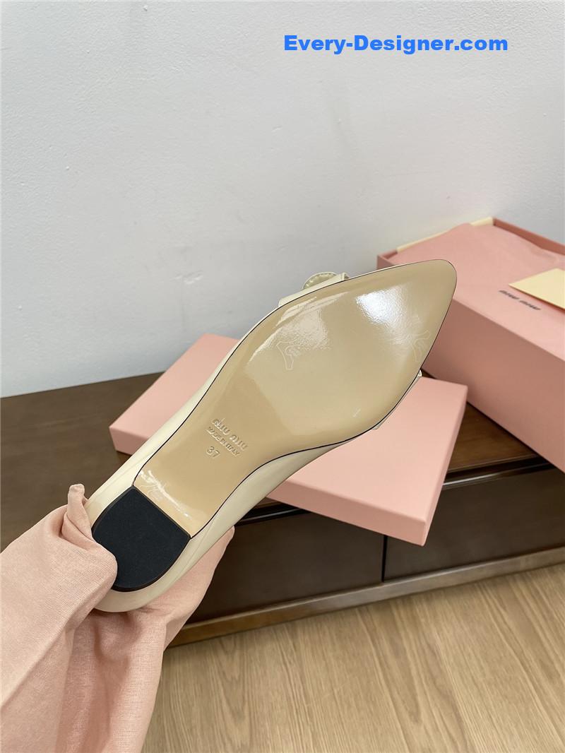 Miu Miu Ivory Mary Jane Pointed Flats with Belt Buckle