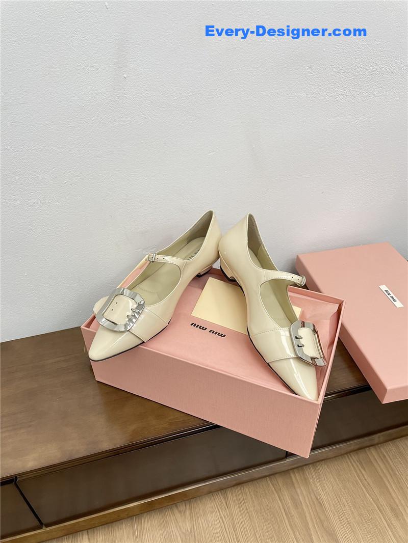 Miu Miu Ivory Mary Jane Pointed Flats with Belt Buckle