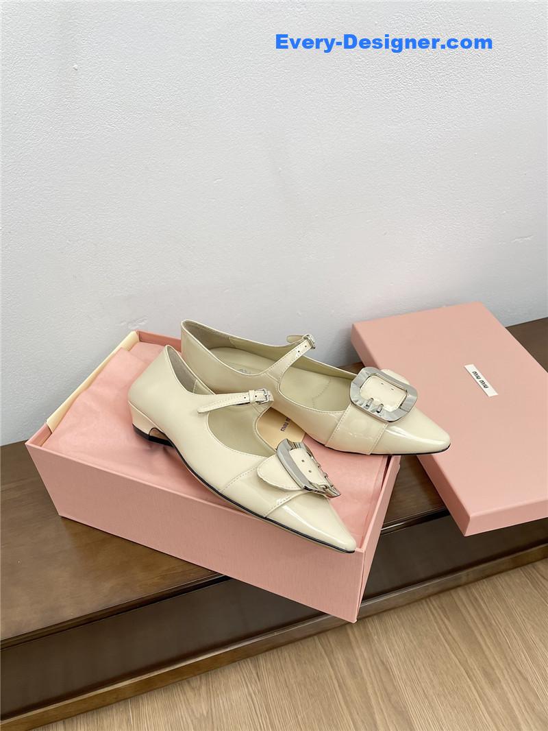 Miu Miu Ivory Mary Jane Pointed Flats with Belt Buckle