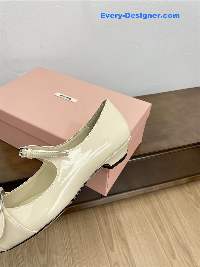 Miu Miu Ivory Mary Jane Pointed Flats with Belt Buckle