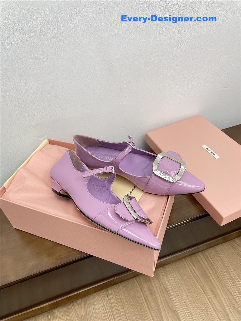 Miu Miu Purple Mary Jane Pointed Flats with Belt Buckle