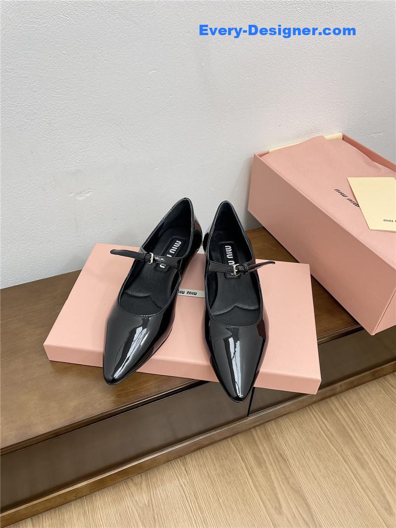 Miu Miu Black Pattern Mary Jane Pointed Flats