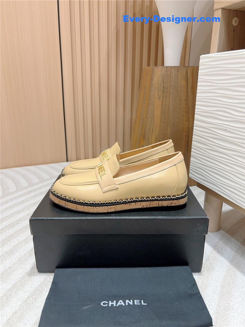Ch**el metal letter chain trim beige calfskin loafers