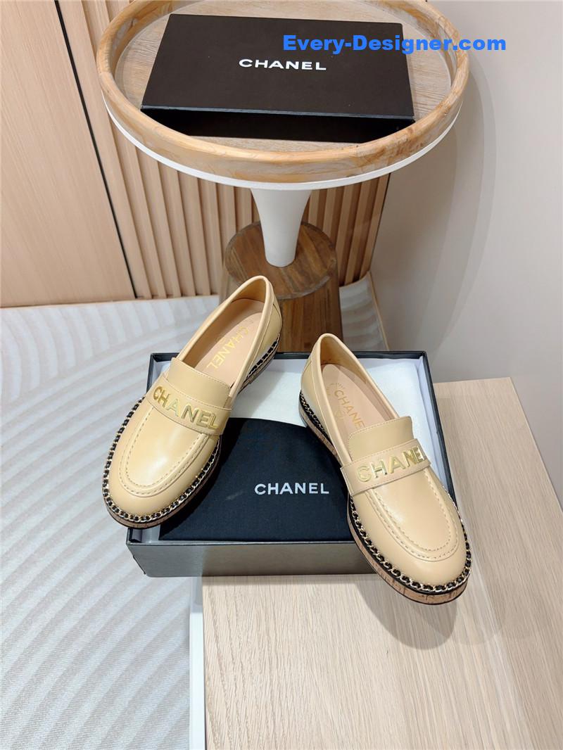 Ch**el metal letter chain trim beige calfskin loafers