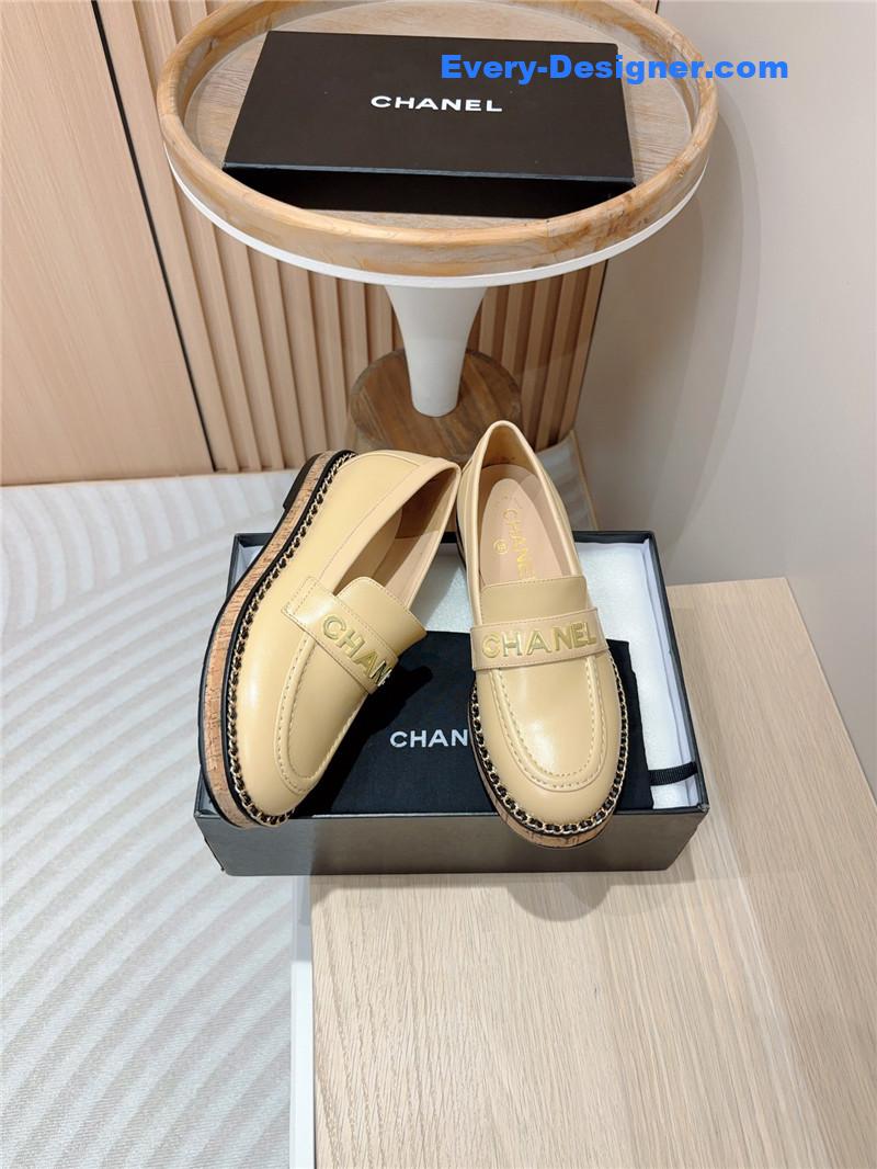 Ch**el metal letter chain trim beige calfskin loafers