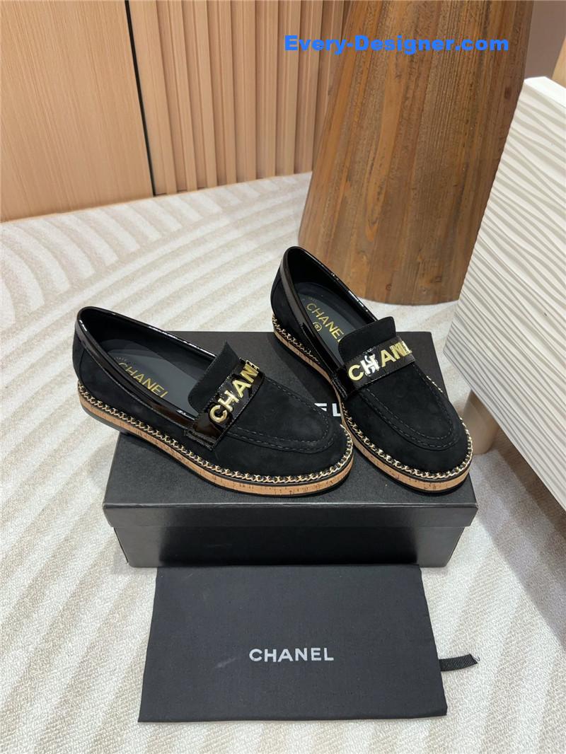Ch**el metal letter chain trim black suede loafers
