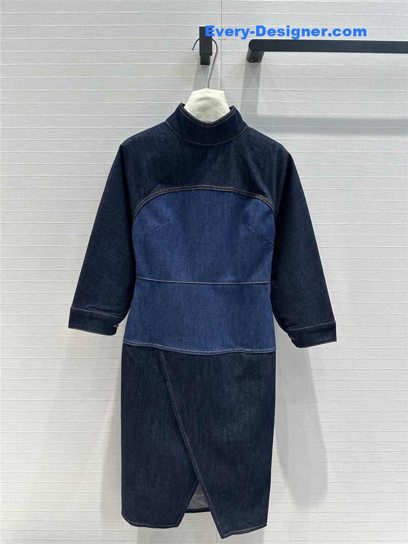 F**di colorblock stand collar denim dress replica clothes