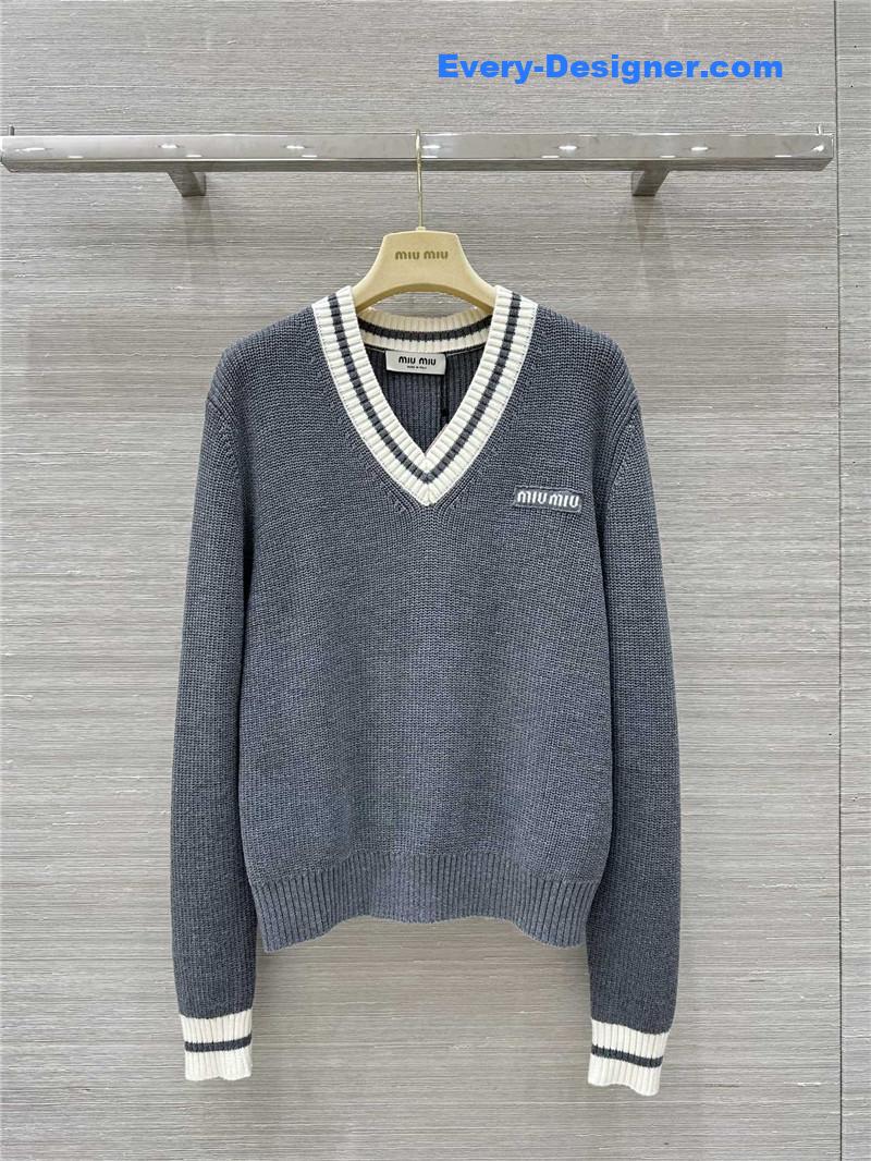 Miu Miu Logo V-Neck Knit Sweater Grey