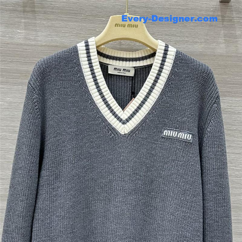 Miu Miu Logo V-Neck Knit Sweater Grey