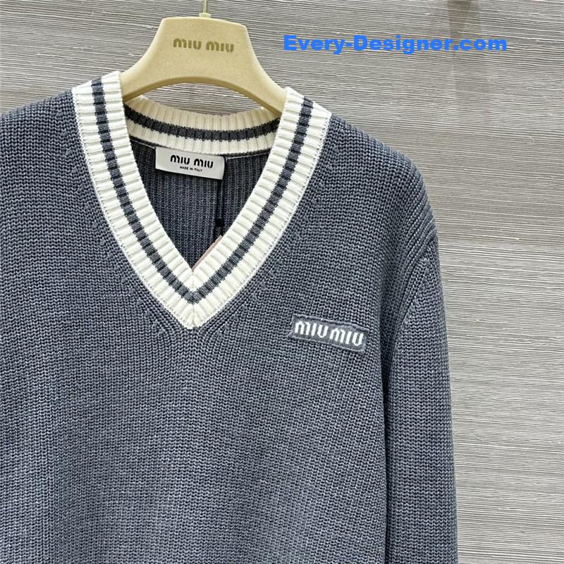 Miu Miu Logo V-Neck Knit Sweater Grey