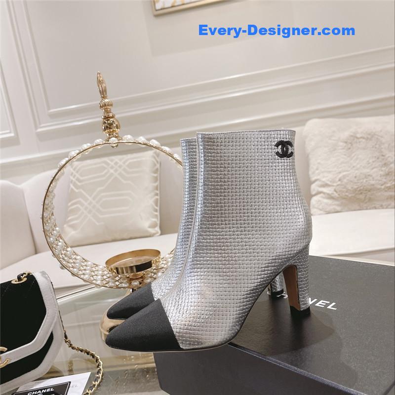 Ch**el silver pointed toe heel ankle boots