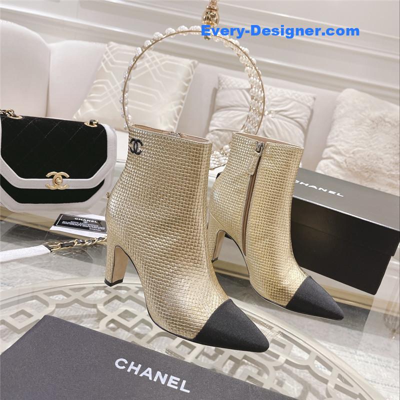 Ch**el logo gold pointed heel ankle boots
