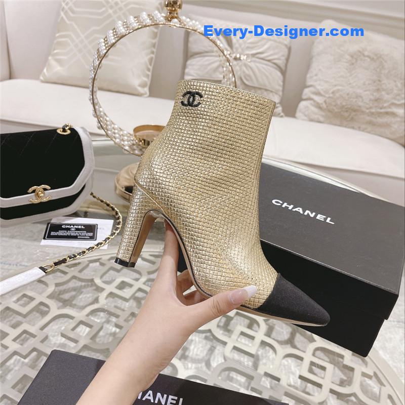 Ch**el logo gold pointed heel ankle boots